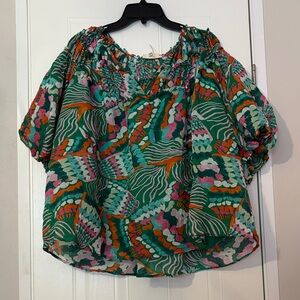 Green Printed Peasant Blouse